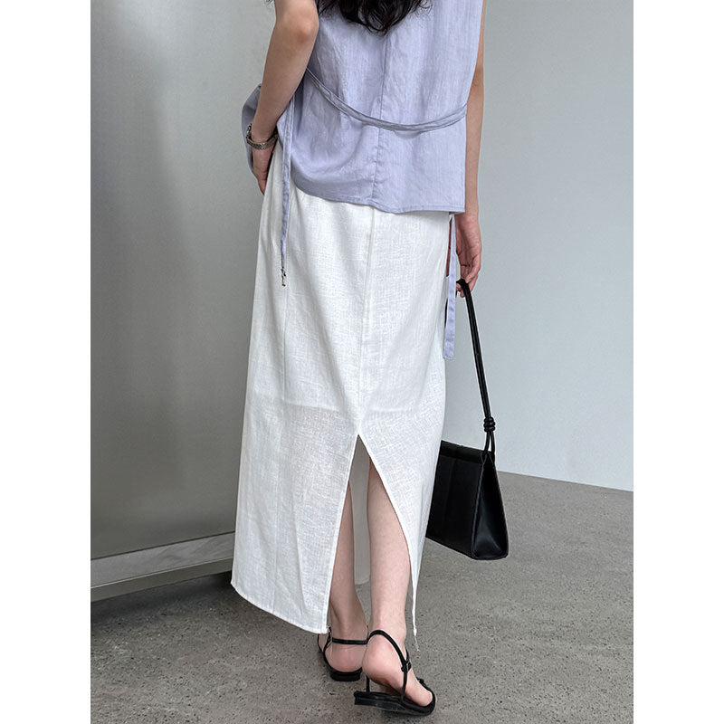 Simple retro cotton and linen skirt summer new split elastic waist straight A-shaped skirt medium and long skirt