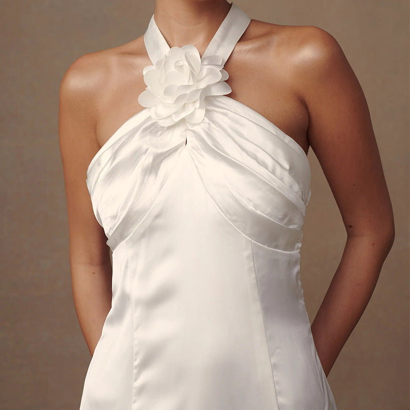 Halter Sexy Flower Satin Ice Silk Long Dress Neck Dress Elegant Sleeveless