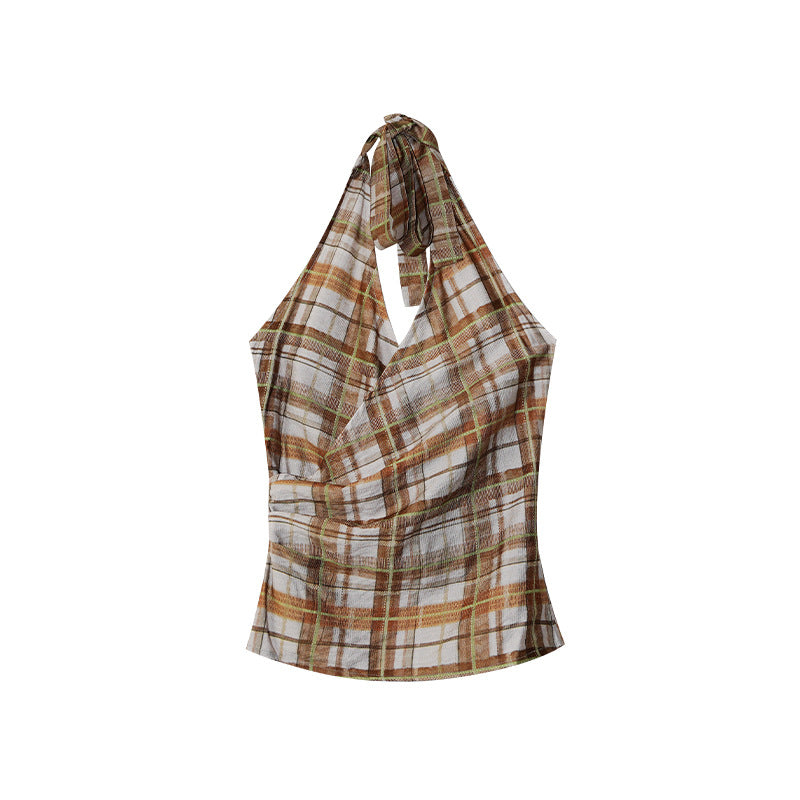 Sexy Spice Girl Halter Lace-Up Neck Checkered Small Suspender Vest