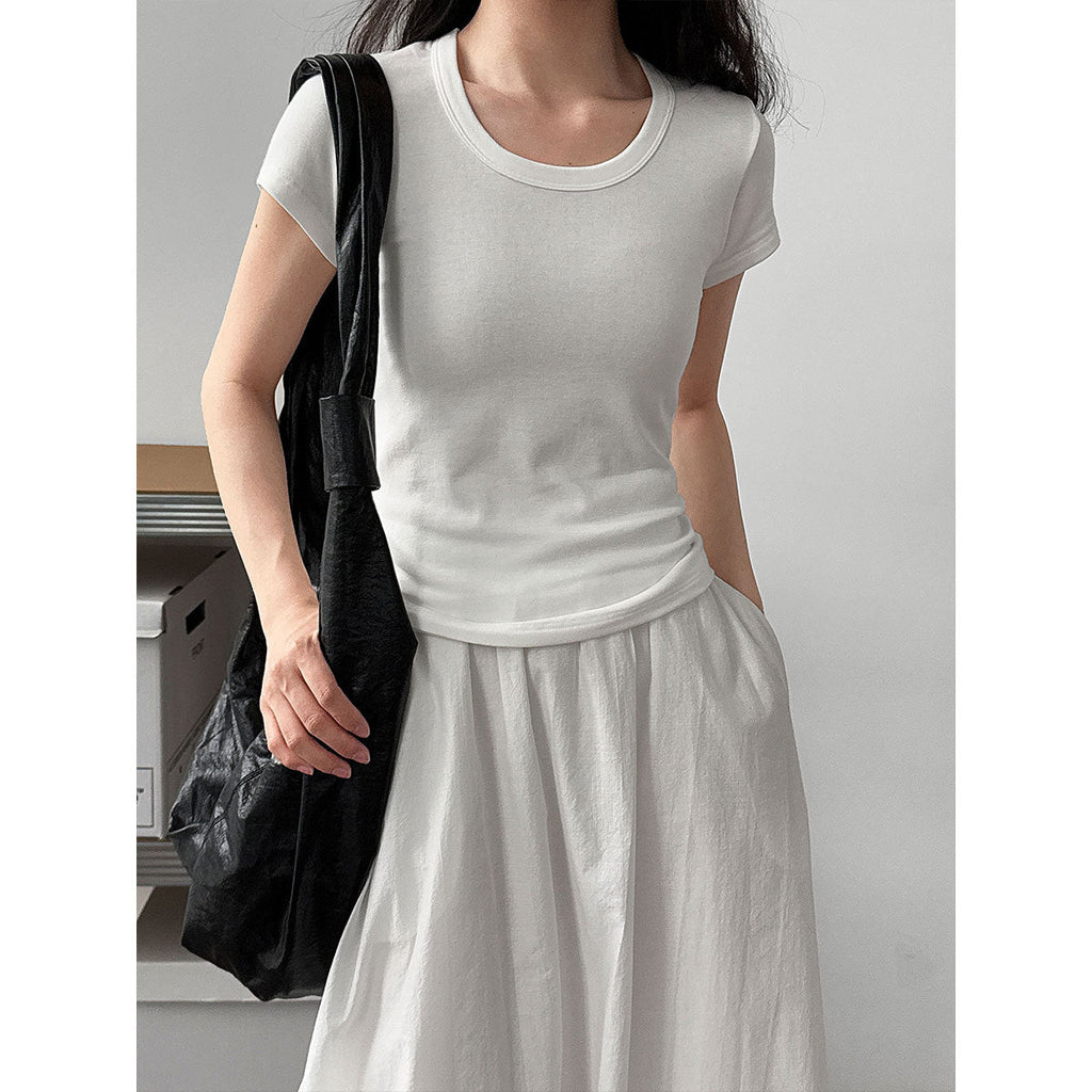 Huge comfort~ Tencel wool shoulder U-neck short-sleeved T-shirt women's summer commuting slim-fitting and thin top