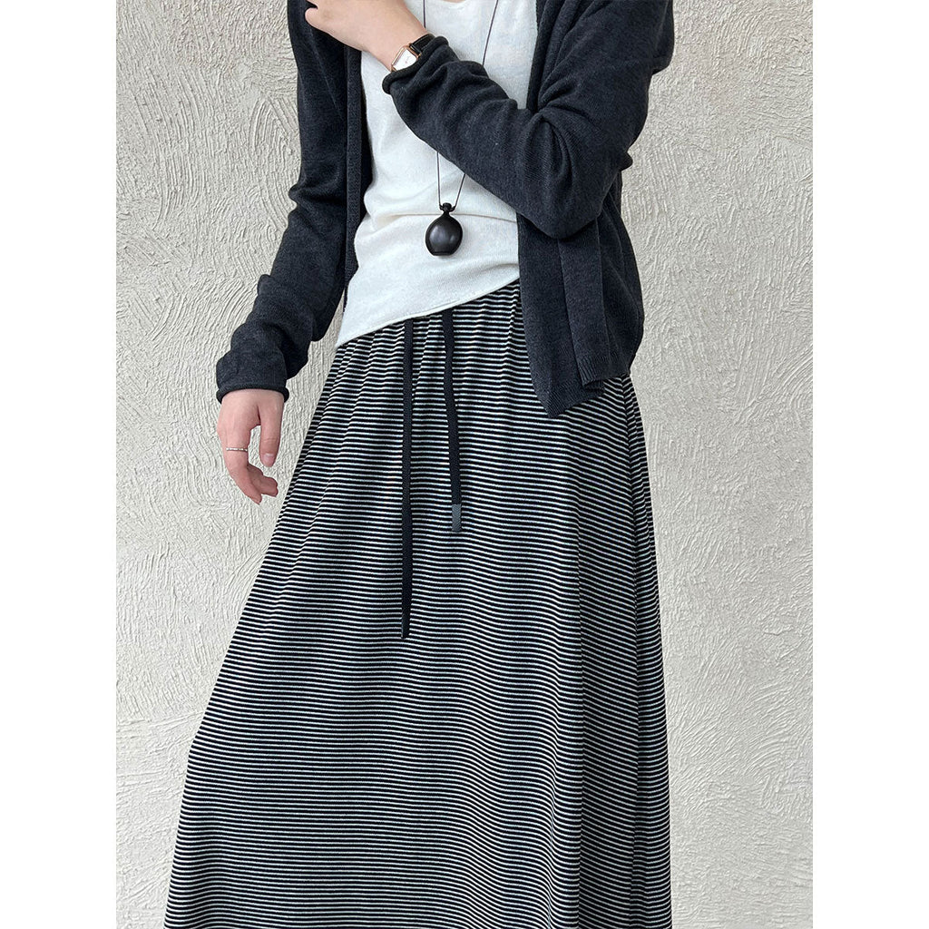 Korean lazy wind drawstring pinstriped skirt autumn new drape high waist thin dress