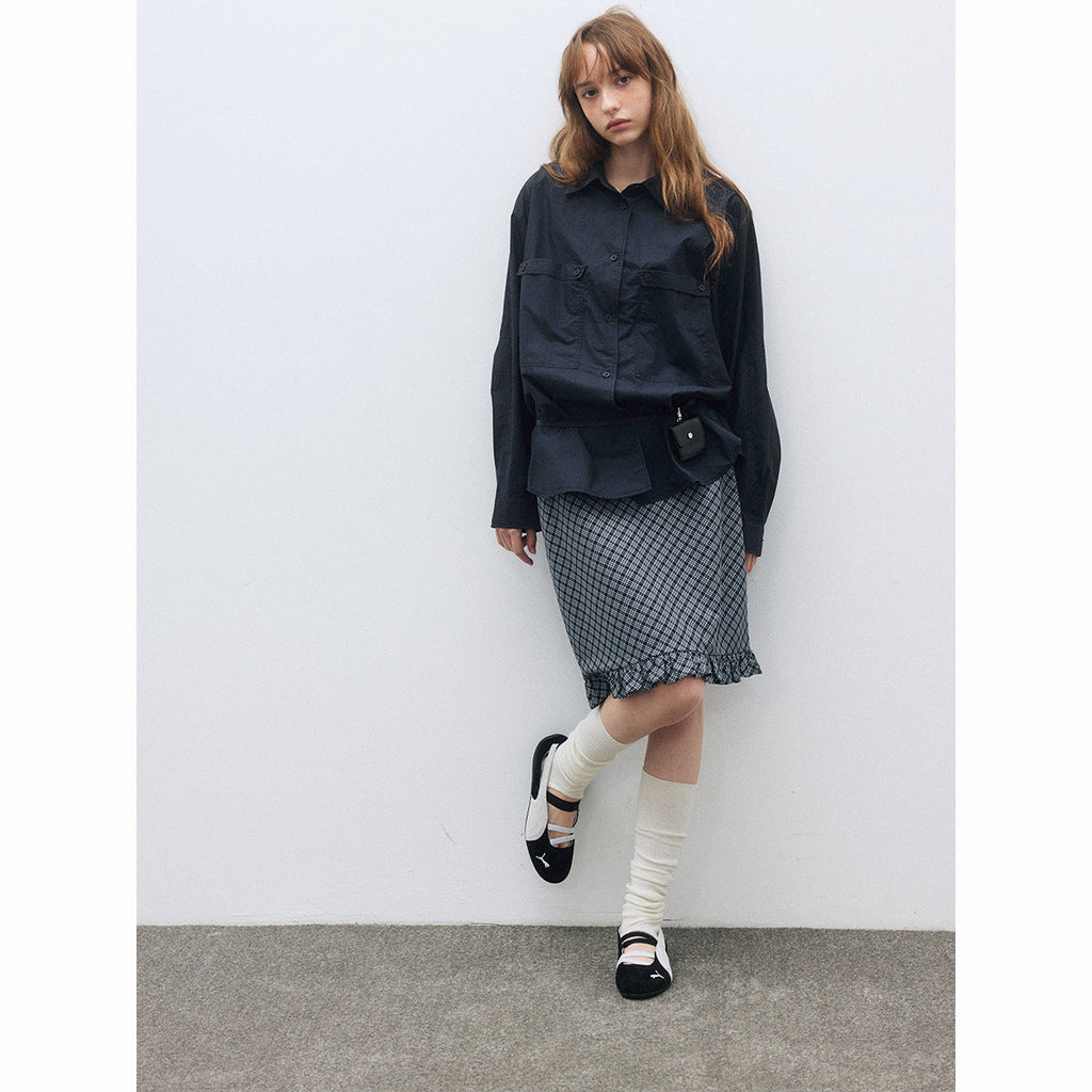 Autumn new casual high-waisted retro plaid ruffle edge relaxed five-point skirt