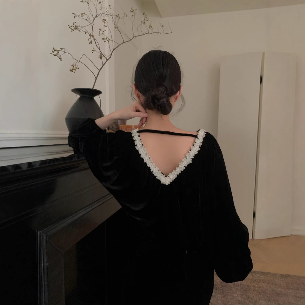Loose long-sleeved design halter v-neck velvet sweater for women