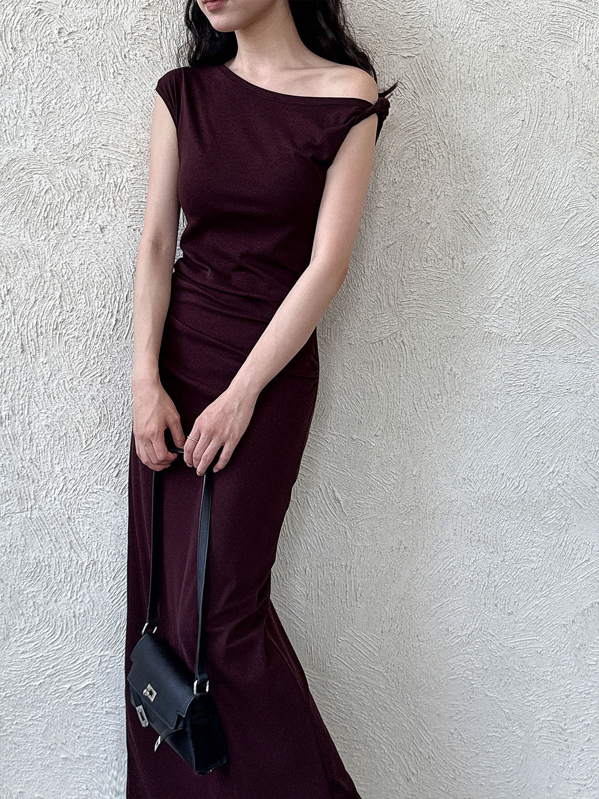French slanted shoulder irregular waist dress summer off-the-shoulder temperament thin dress