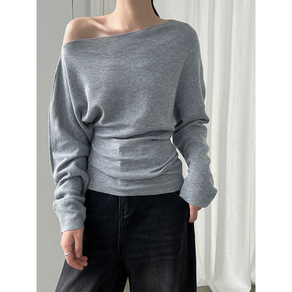 Design sense waist slim slanted shoulder knitted sweater women's autumn new long-sleeved off-the-shoulder top bottoming shirt ss780