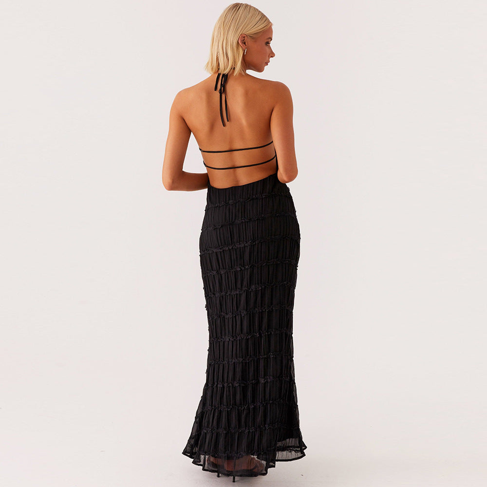 Sexy pleated lace floor-length resort style dress