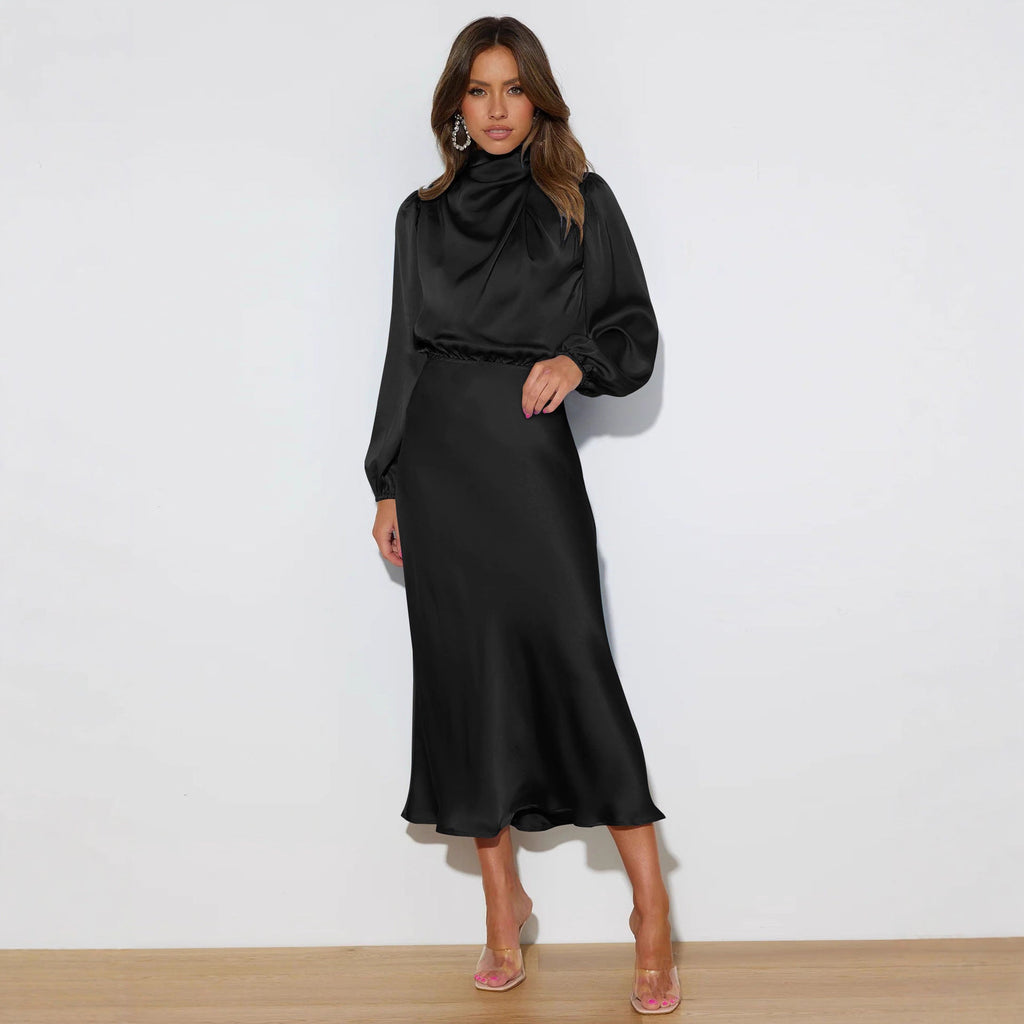 Autumn new high-end satin long-sleeved loose dress temperament elegant evening dress