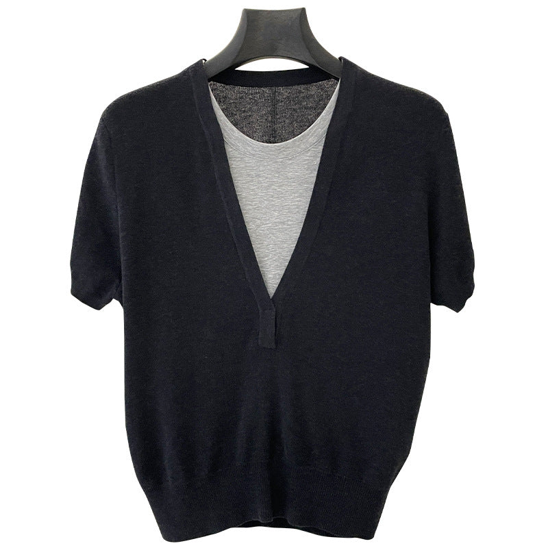 Design sense niche fake two-piece short-sleeved T-shirt spring contrast V-neck knitwear