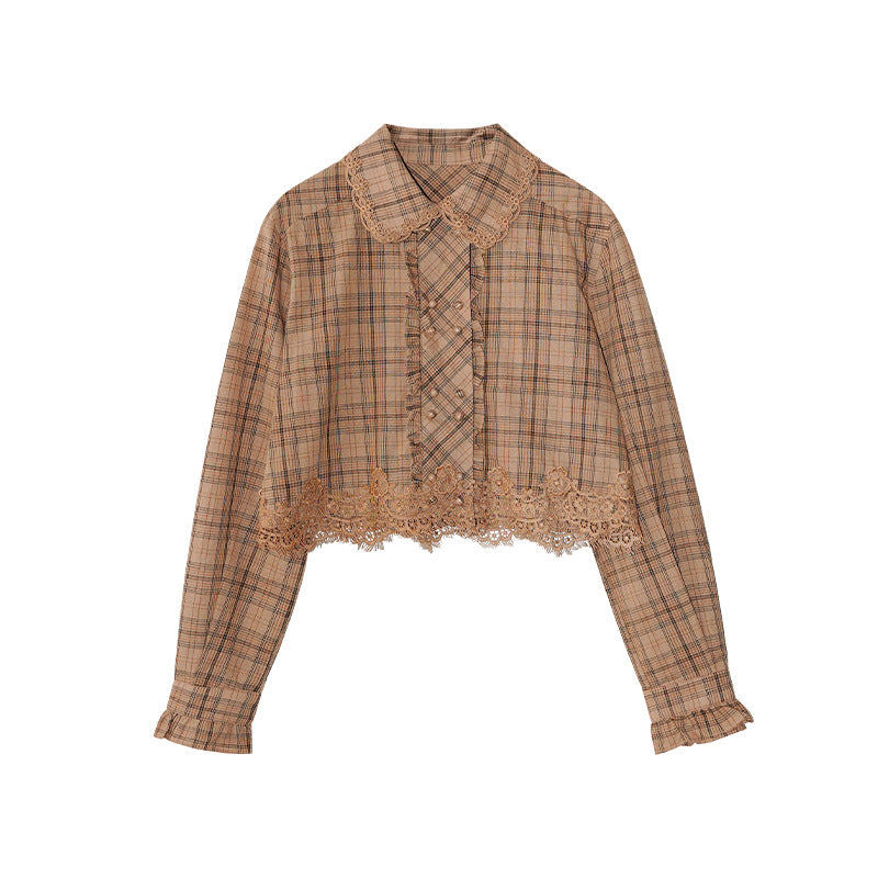 Coffee lapel double-breasted plaid shirt