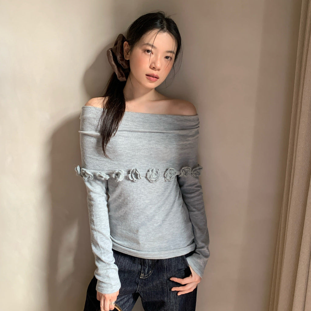 Gentle and sweet one-word collar three-dimensional flower decorative sweater for women