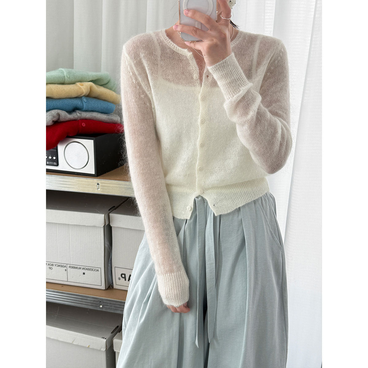 Early spring new mohair knitted cardigan women's thin slightly transparent gentle soft waxy outer coat