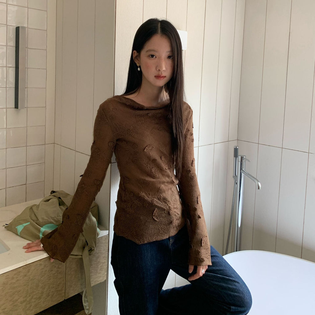 Hollow heavy industry jacquard swing neck long-sleeved bottoming shirt top