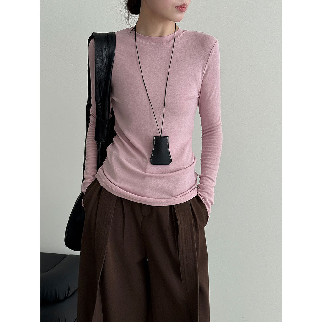 Chic slim-fitting and thin solid-color crew-neck bottoming shirt with front shoulder long-sleeved top in autumn