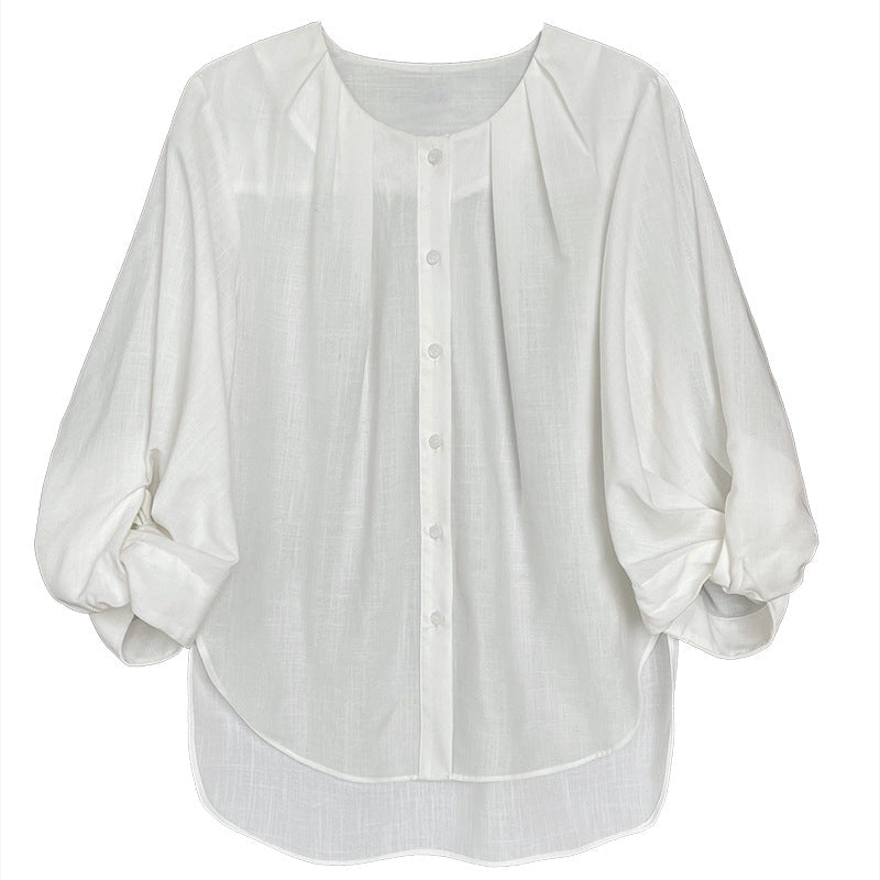 Cotton and linen texture lantern sleeve shirt