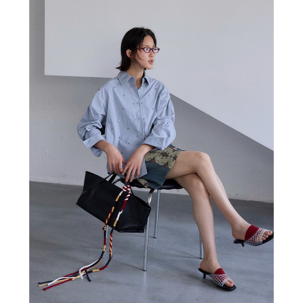 Twill splicing printed denim skirt ethnic style contrasting color high waist A-shaped skirt