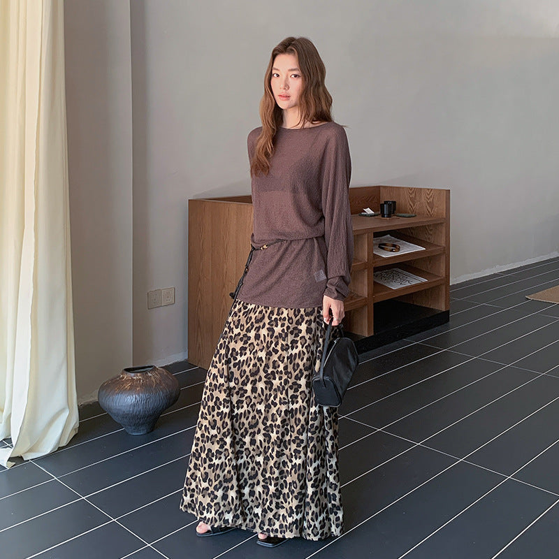 Spring retro fashion leopard print skirt slim elegant tulle dress