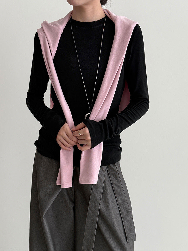 Chic slim-fitting and thin solid-color crew-neck bottoming shirt with front shoulder long-sleeved top in autumn