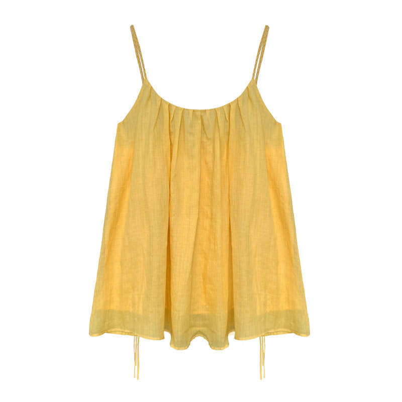 Pleated round neck woven shoulder strap vest women's summernew arrivalkorean style sleeveless loose suspender tops
