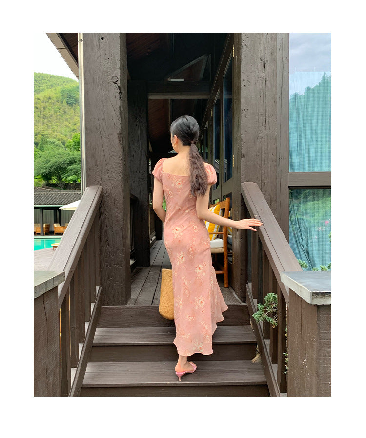 Gentle temperament waist and thin floral dress