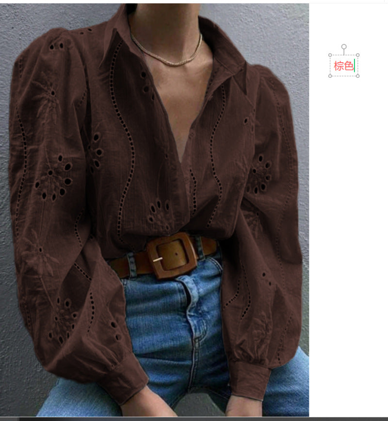 Lapel Long Sleeve Cardigan Women Regular Fit Puff Sleeve Hollow Blouse