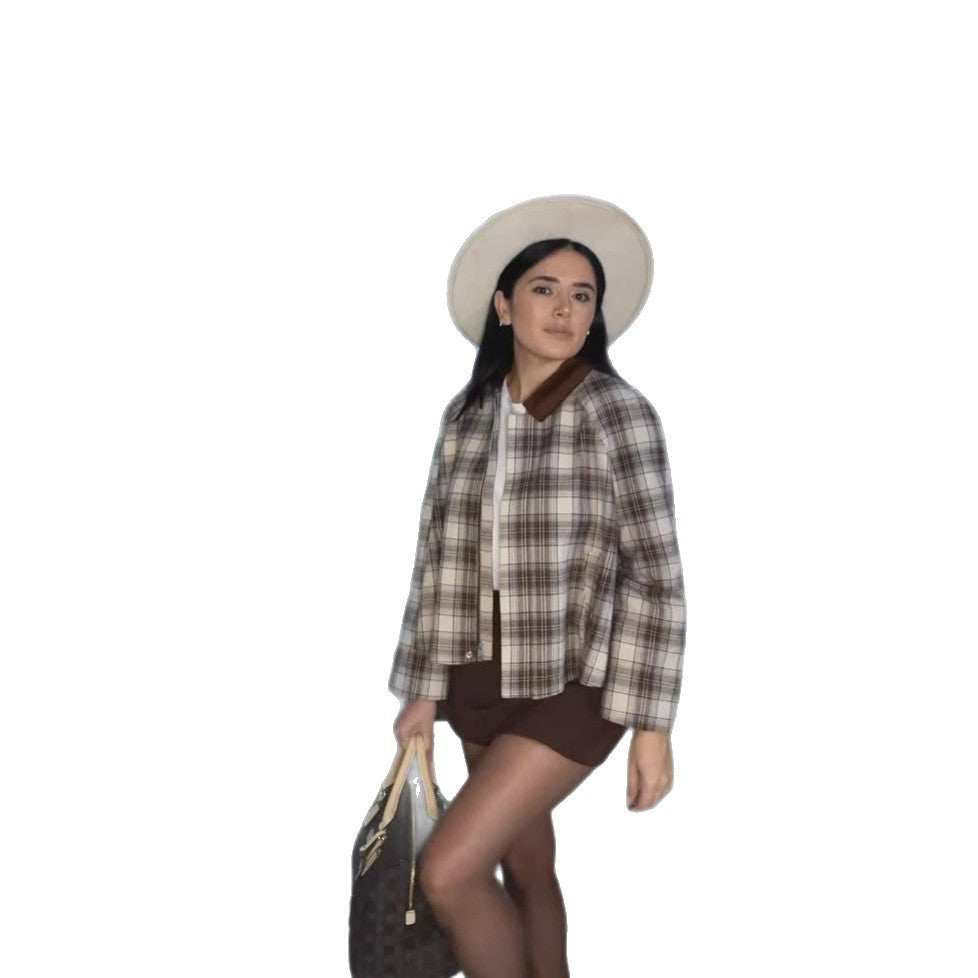 Women's autumn and winter fashion casual plaid top splicing contrasting color retro jacket jacket women