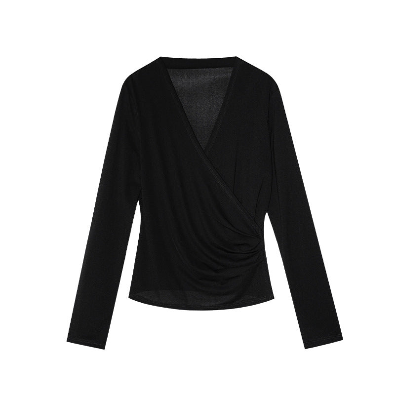 Spring French age-reducing cross V-neck long-sleeved irregular hem bottoming shirt