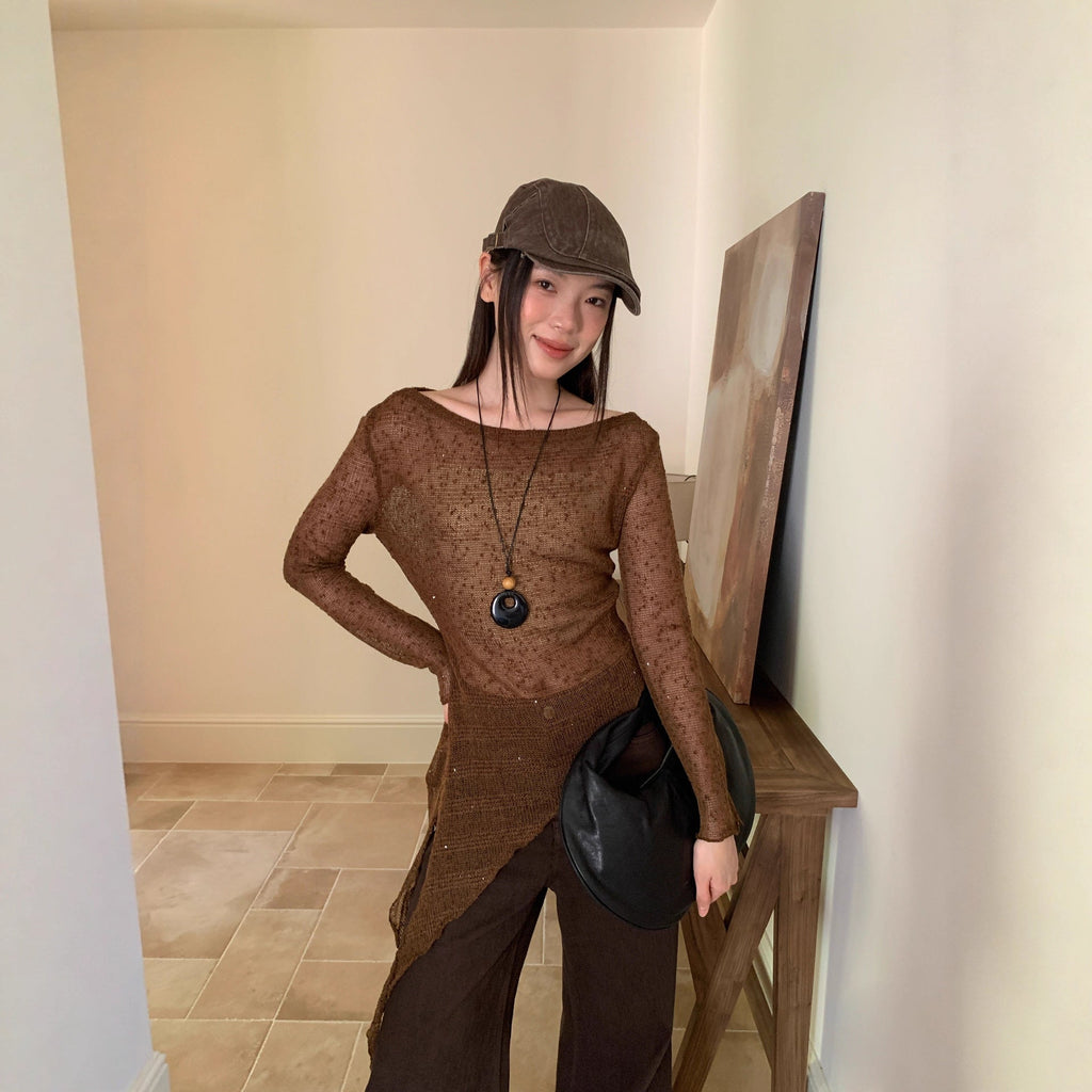 Women's Asymmetric Off-Shoulder Hollow-Out Knit Pullover Sweater