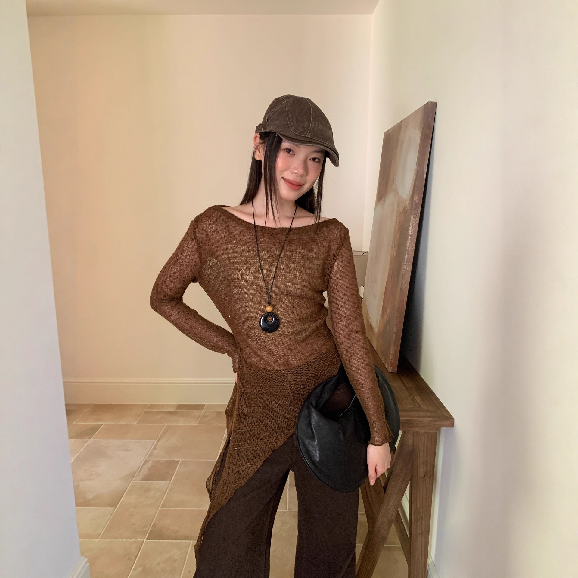 Women's Asymmetric Off-Shoulder Hollow-Out Knit Pullover Sweater