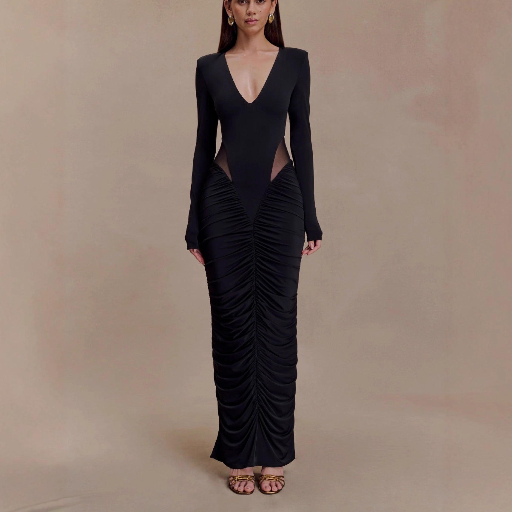 Fashion Sexy Spice Girl Hollow Pleated Long Sleeve Hip Wrap Skirt Slim Pure Desire Dress