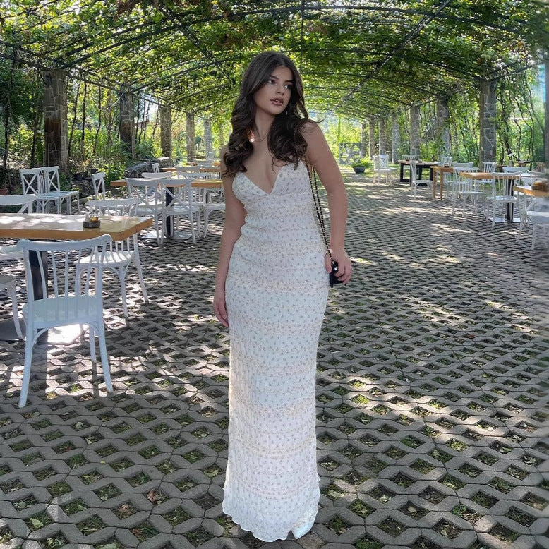 Women's new fashion French coffee break floral dress sexy slim holiday style suspender dress