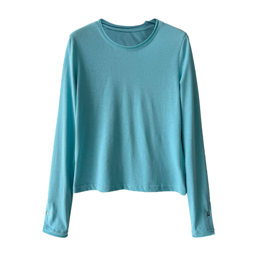 Simple and versatile front shoulder double-layer crimped crew neck T-shirt