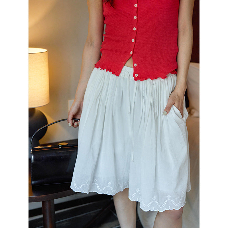 Thin elastic waist lace embroidered splicing silhouette five-point casual pants