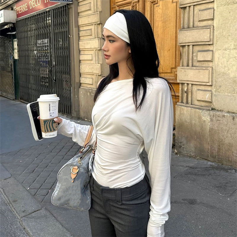 Diagonal Neck Off-Shoulder Long Sleeve Slim T-Shirt
