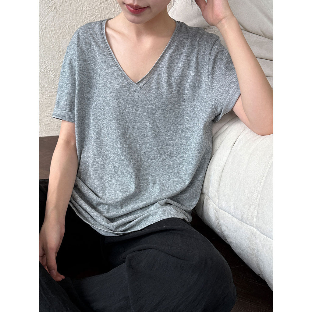 Relaxed fit snowflake texture rolled hem v-neck short sleeve women's summer new loose basic t-shirt top