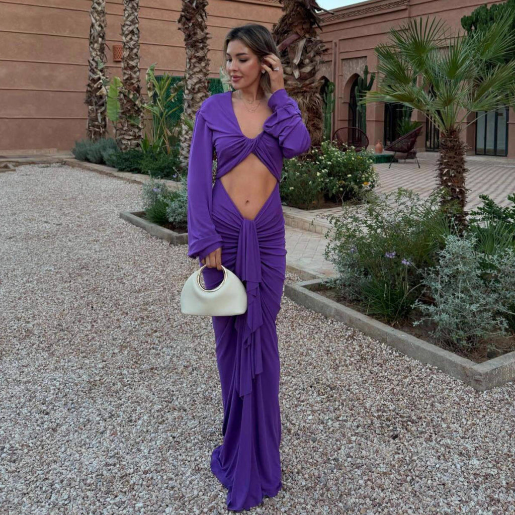 Tight mermaid skirt cutout waist pleated long-sleeved dress pure desire to tighten the waist