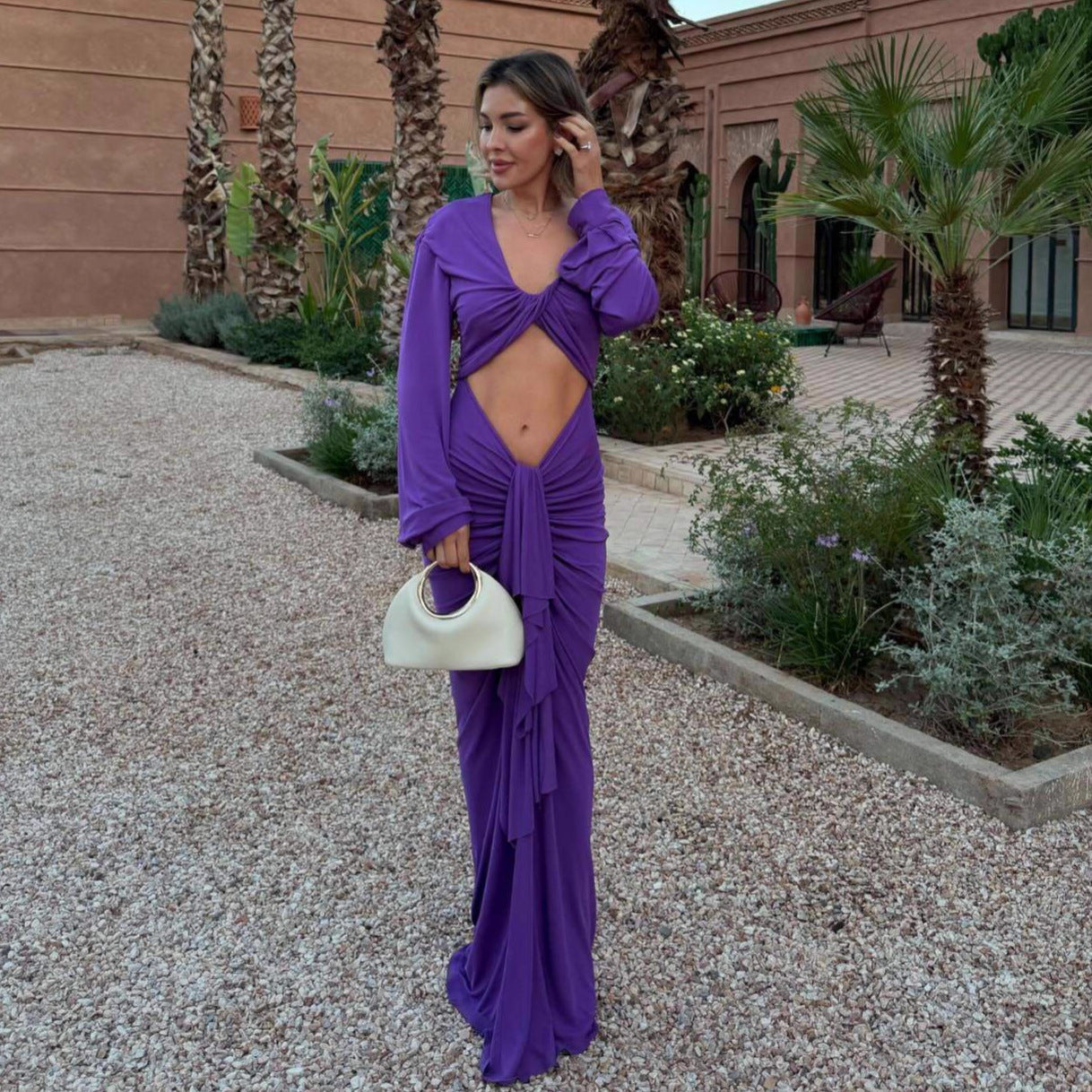 Tight mermaid skirt cutout waist pleated long-sleeved dress pure desire to tighten the waist