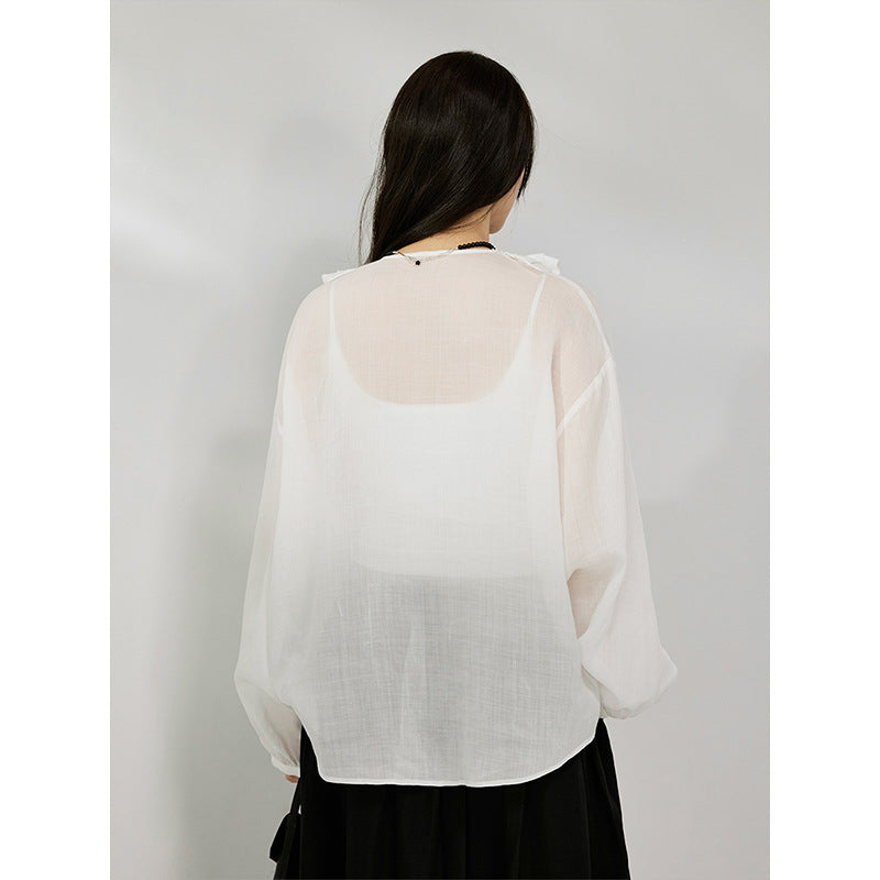 Deep V-neck handmade double-layer lotus leaf edge Tencel ramie shirt