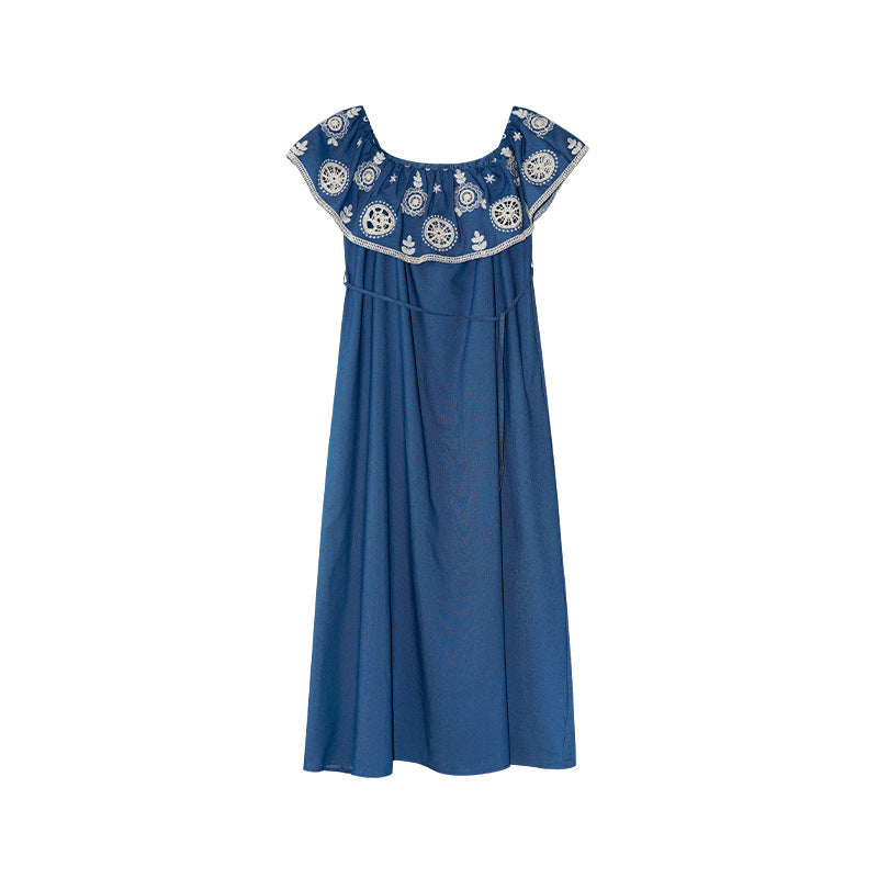 Hollow hook-up lotus leaf collar one-word shoulder denim dress