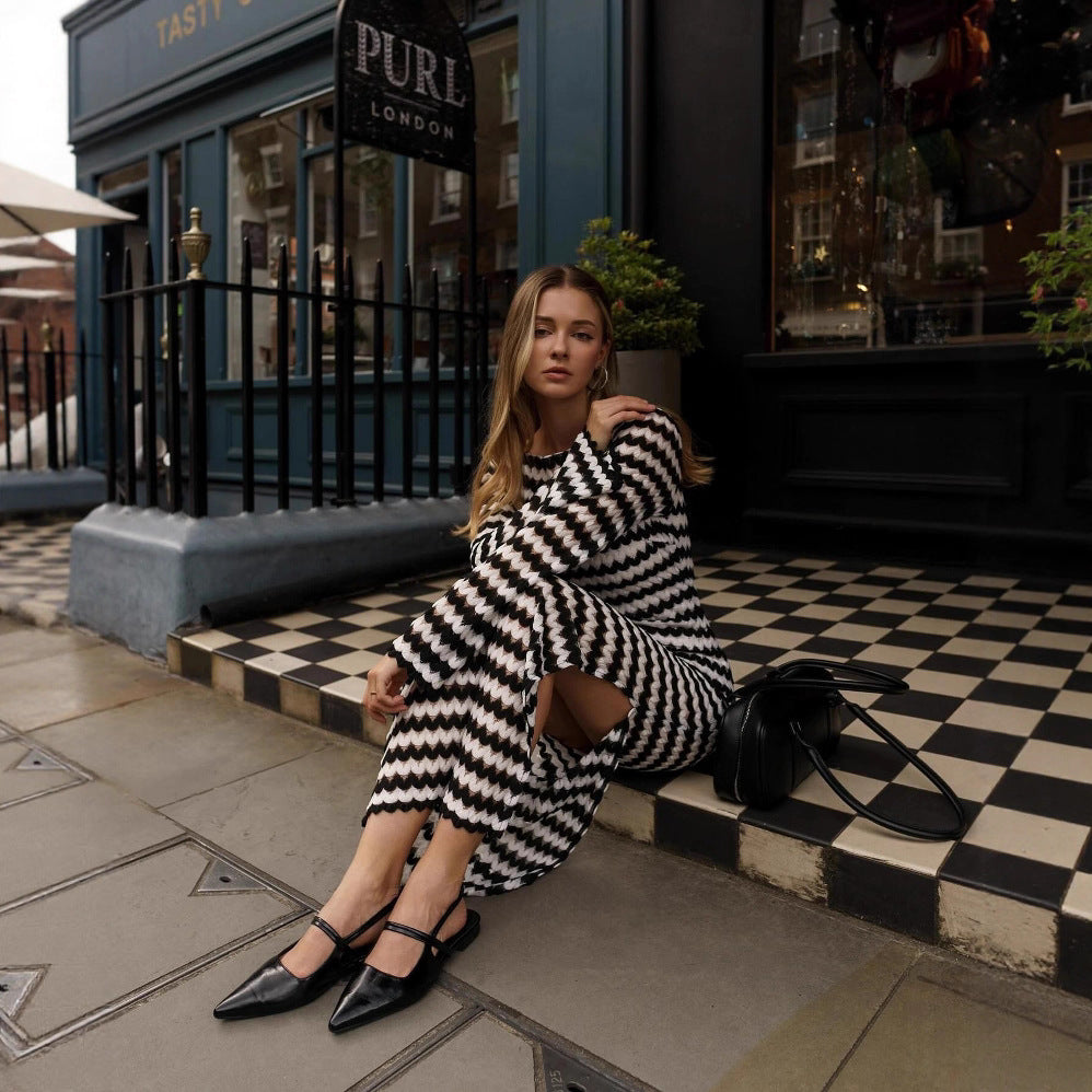 One-word neck split skirt slim-fitting wind striped long-sleeved knitted dress