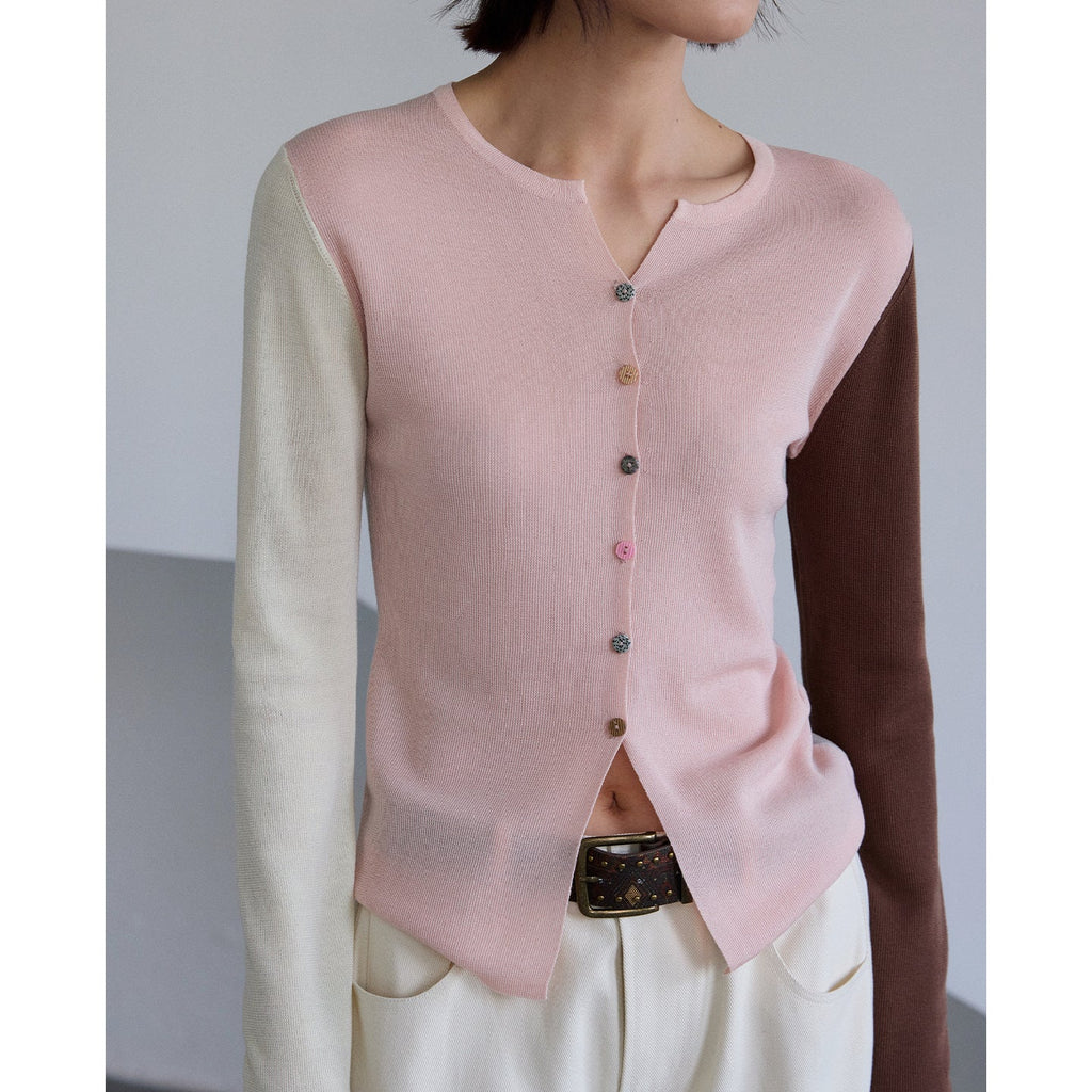Dopamine Tencel Contrasting Cardigan Knitted Sweater ins Retro Long Sleeve Top