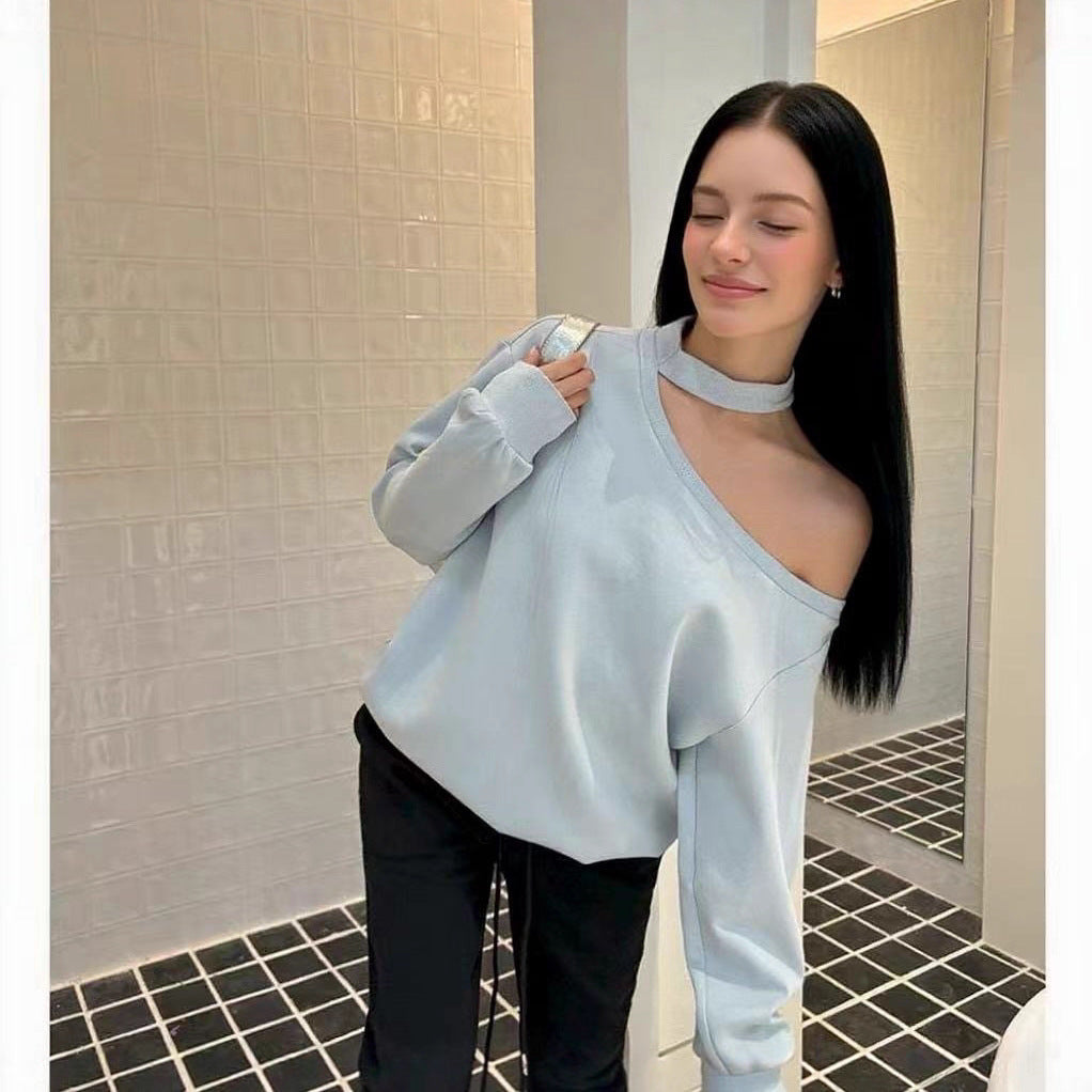 Autumn and winter new design simple sky blue slanted shoulder off-the-shoulder sweater