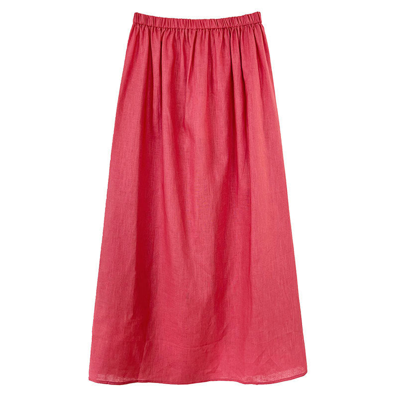 Simple retro cotton and linen skirt summer new split elastic waist straight A-shaped skirt medium and long skirt