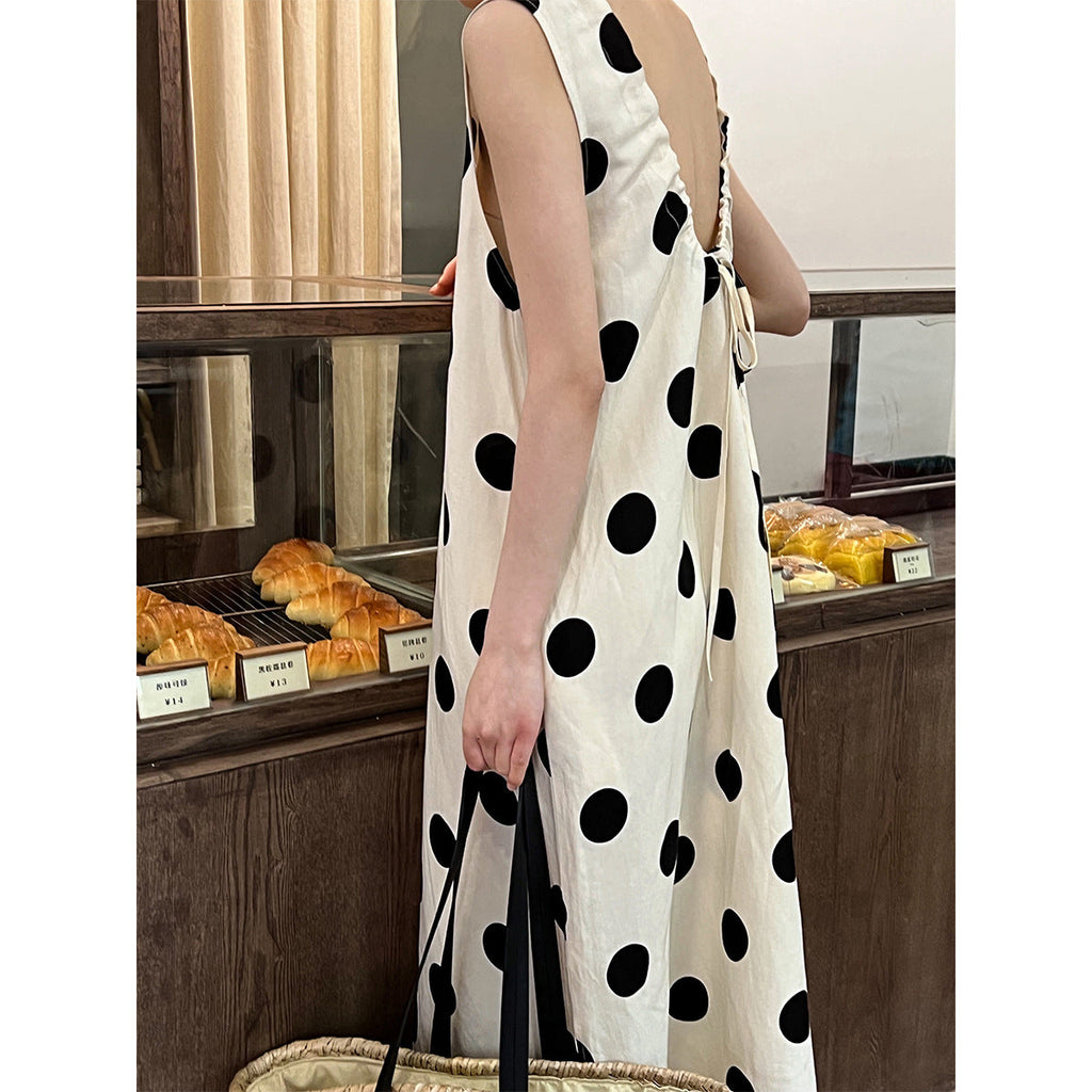 Flax material~ Design scheming backless drawstring polka dot dress Korean sleeveless vest skirt