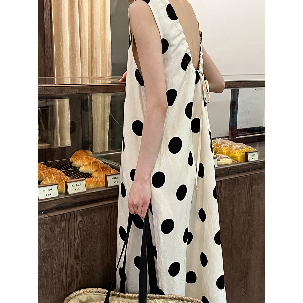 Flax material~ Design scheming backless drawstring polka dot dress Korean sleeveless vest skirt