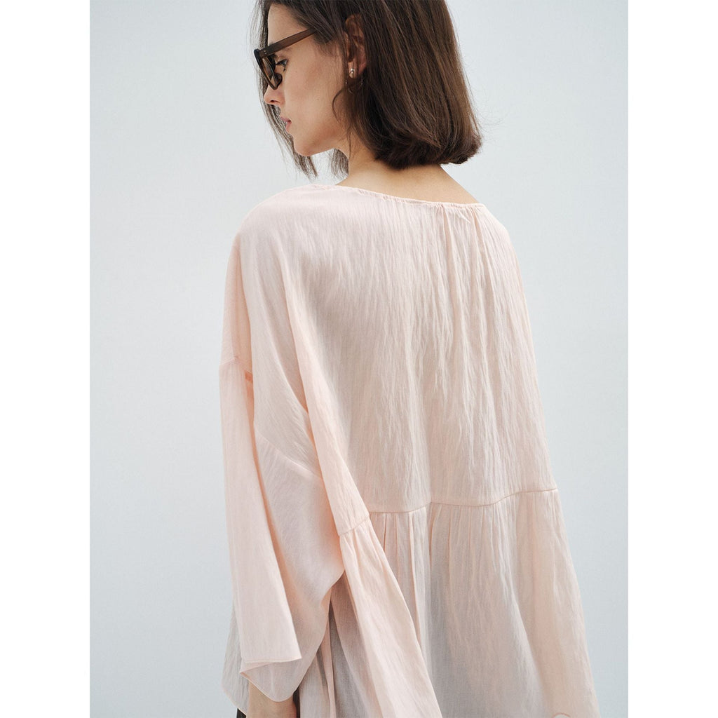 Pleated Tencel Long Sleeve Loose Pullover Shirt