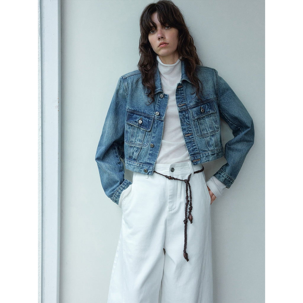 Autumn new retro nostalgia front shoulder truncated washed denim jacket