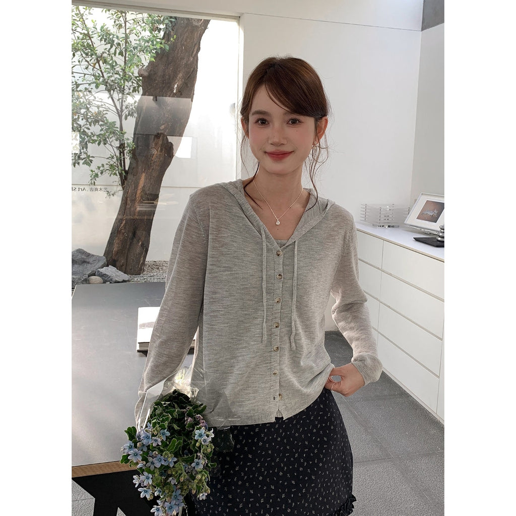 Hooded Fake Two-Piece Tencel Knit Pullover Sweater