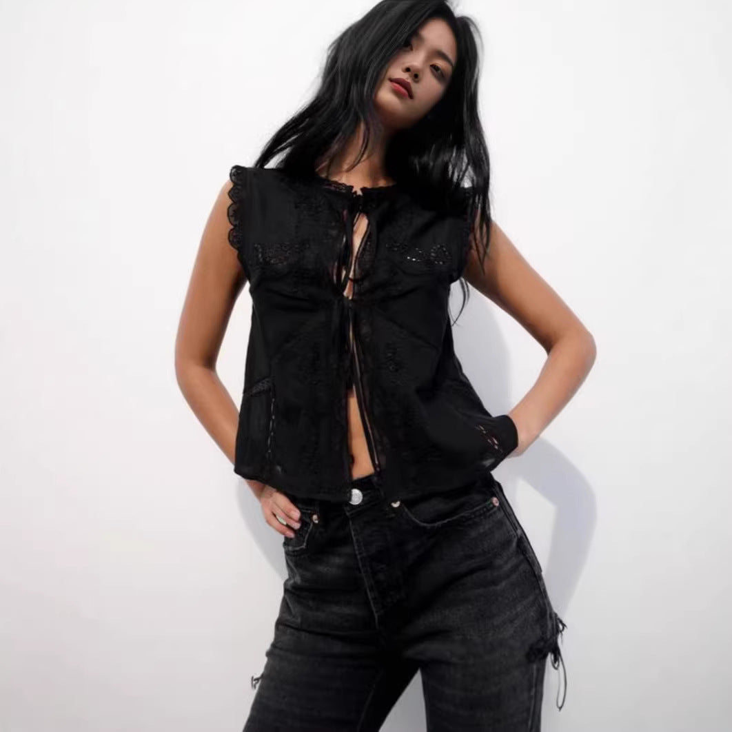 Strapless Embroidered Top Women Loose Fit Sleeveless Lace Blouse
