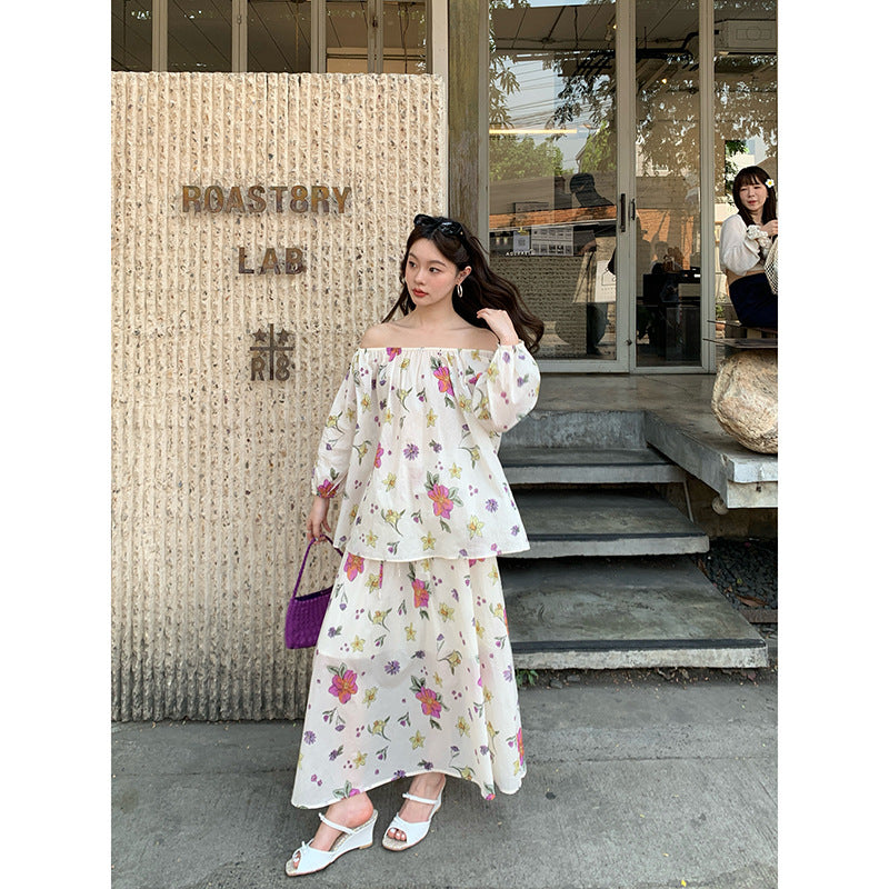 French holiday style fresh and sweet print a-word skirt