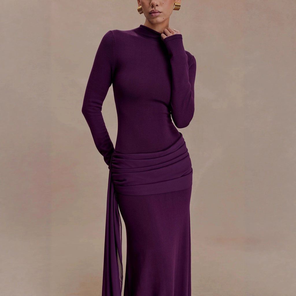 Fashion French Ribbon Long Sleeve Knitted Dress Celebrity Autumn and Winter Hip Dress